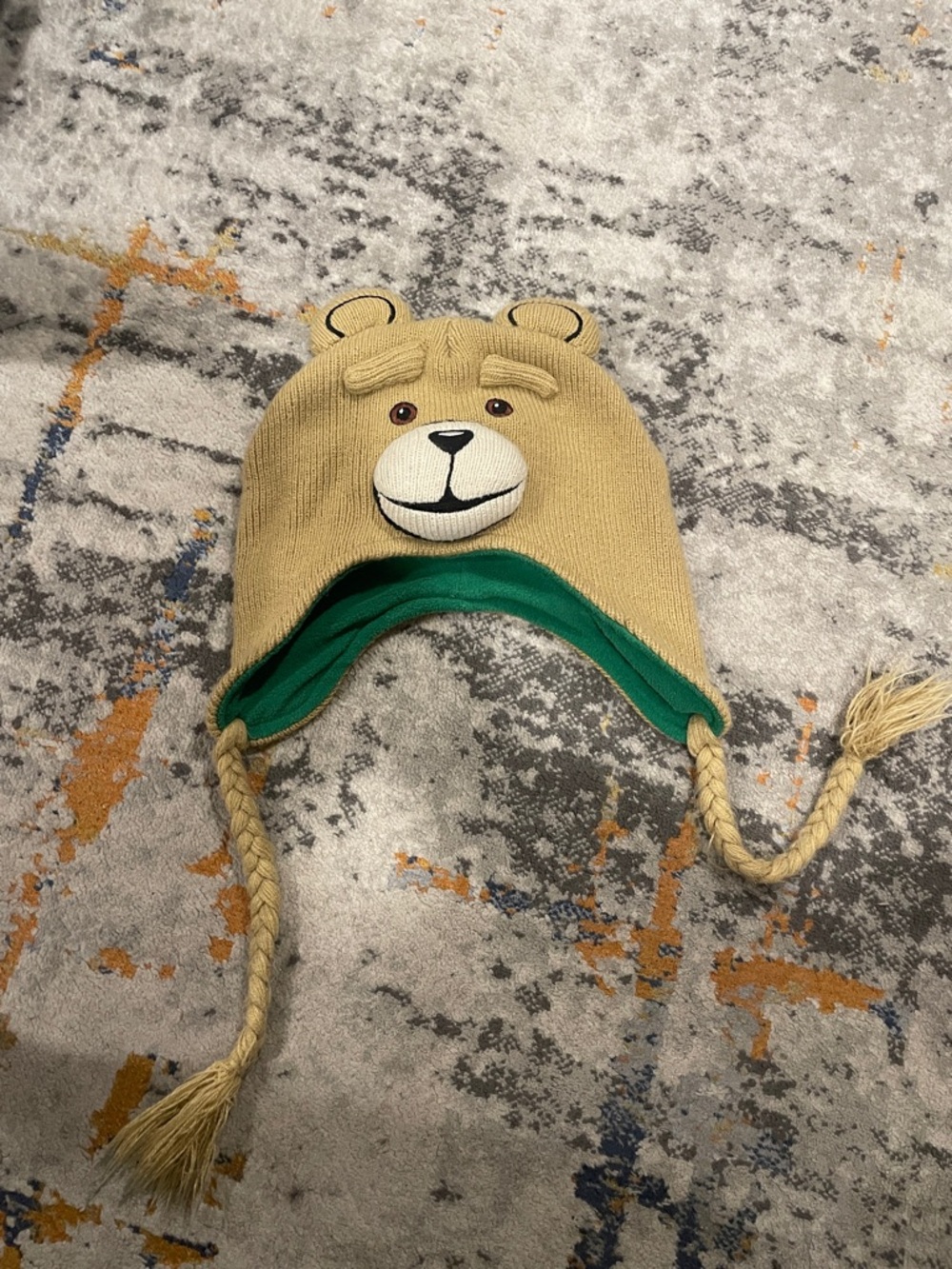 Ted Embroidered Knit Earflap Hat with Bear Ears - Tan & Green
